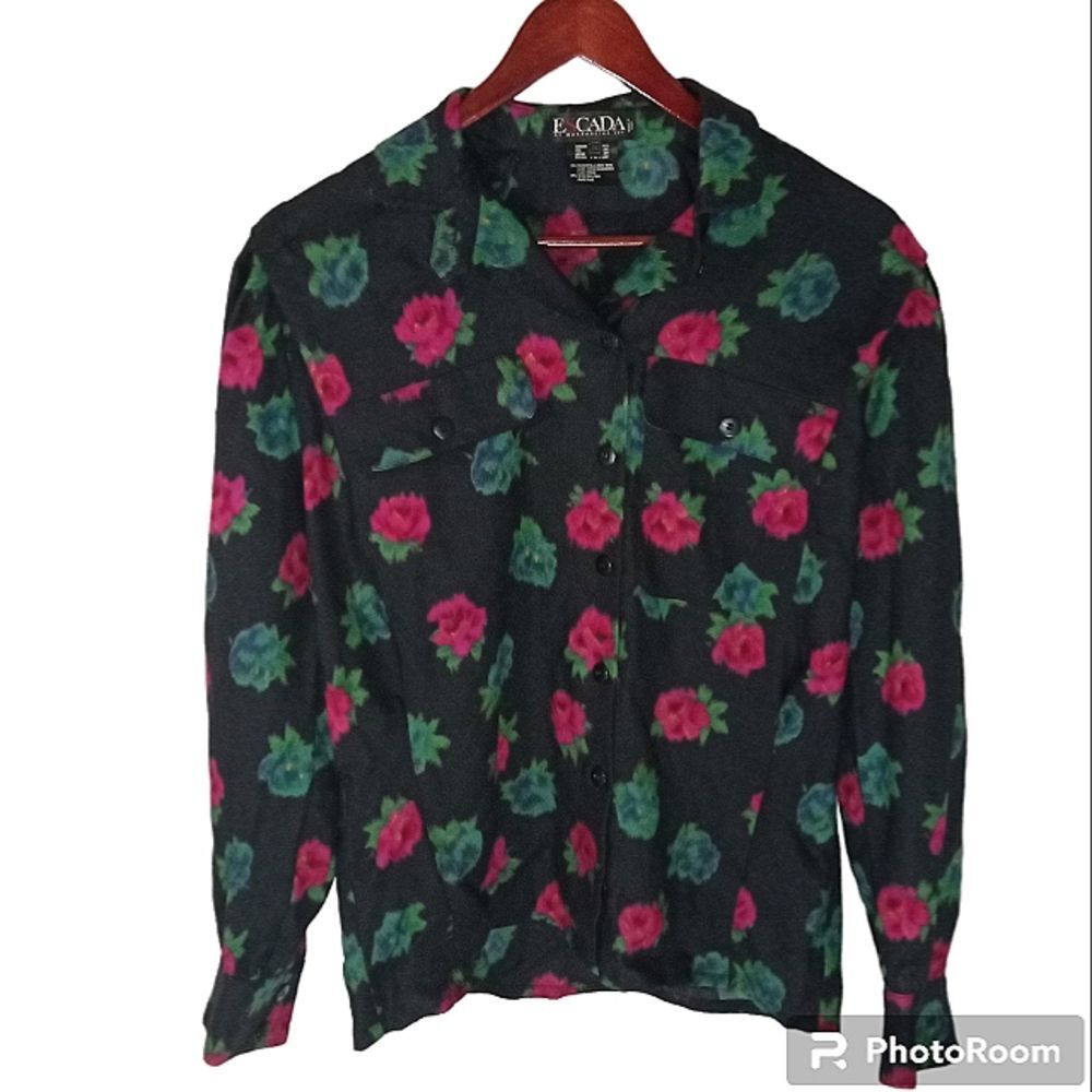 Vintage Escada Woman's Floral Button Down Wool Silk Blend Blouse Size M